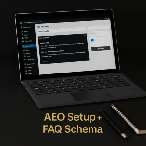 WordPress dashboard on Microsoft Surface laptop and smartphone, showing AEO optimization panel and FAQ schema setup, in a dark minimalist workspace with gold (#DCA54A) accents.