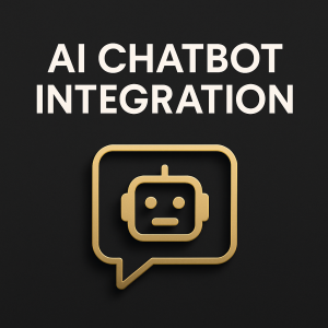 Digital vector illustration of AI chatbot integration with gold and white lines on a black background.