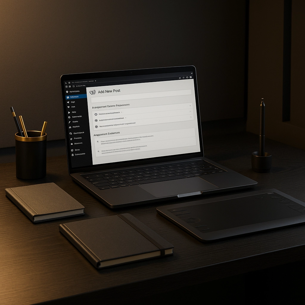 AI-powered content creation tools for WordPress – modern workspace with laptop, AI icons, SEO charts, and digital creativity setup.