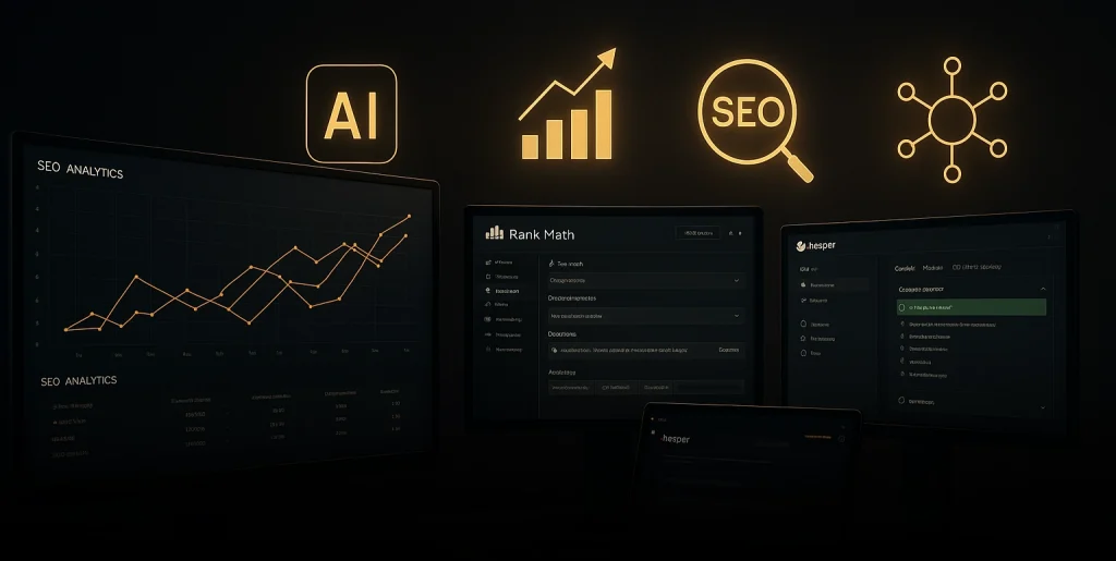 AI + WordPress plugins like RankMath, Yoast, and WP Rocket visualized in a modern SEO workspace.