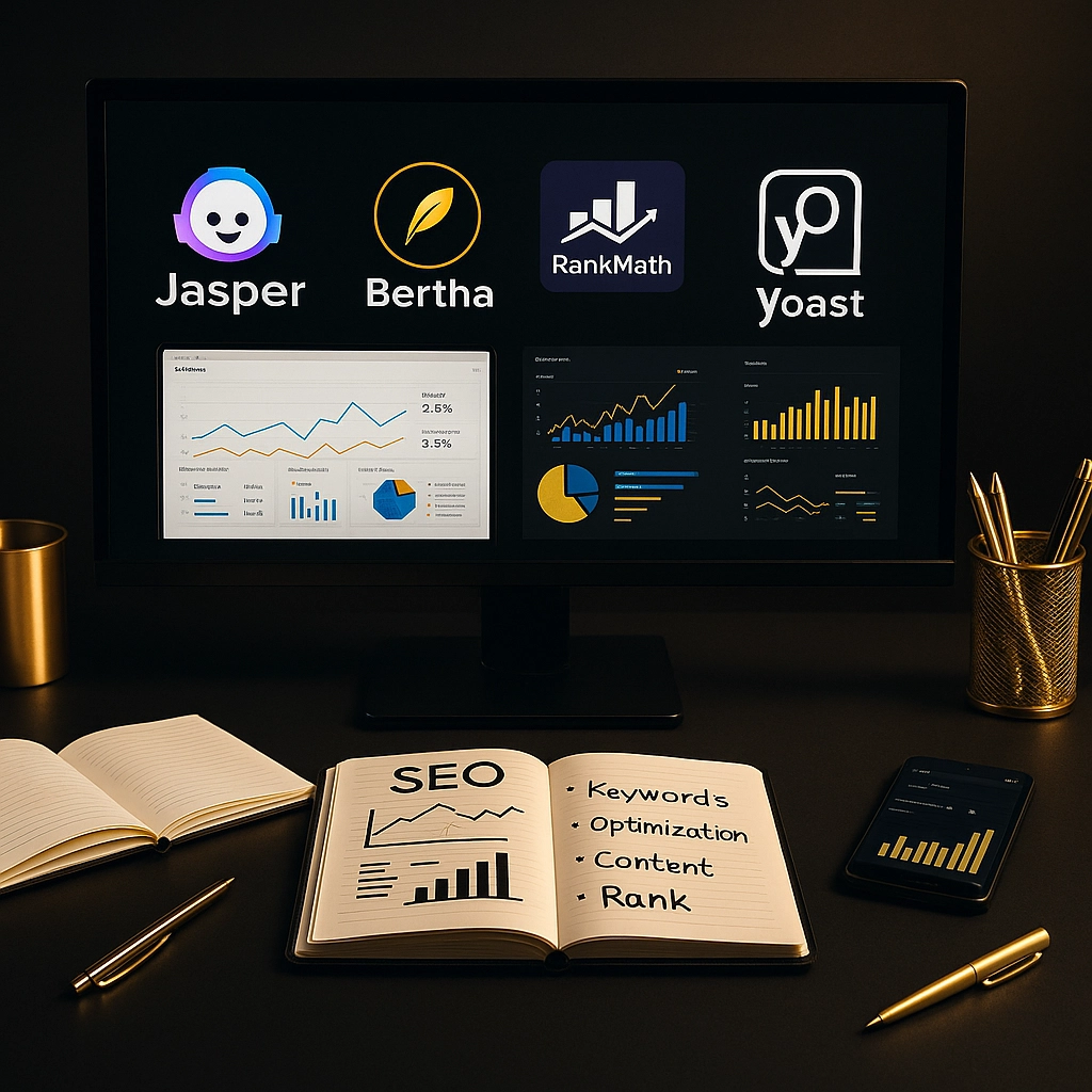 AI + WordPress plugins like RankMath, Yoast, and WP Rocket visualized in a modern SEO workspace.