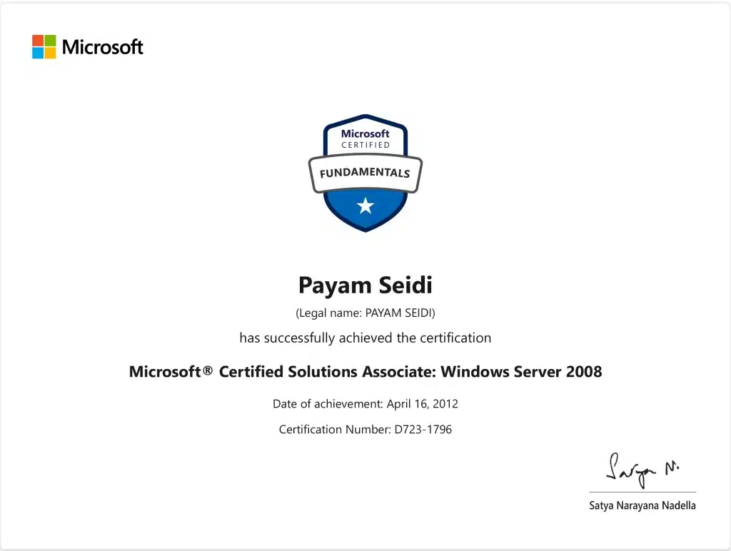 Certifications - PayamSeidi Microsoft Certified Solutions Associate Windows Server 2008
