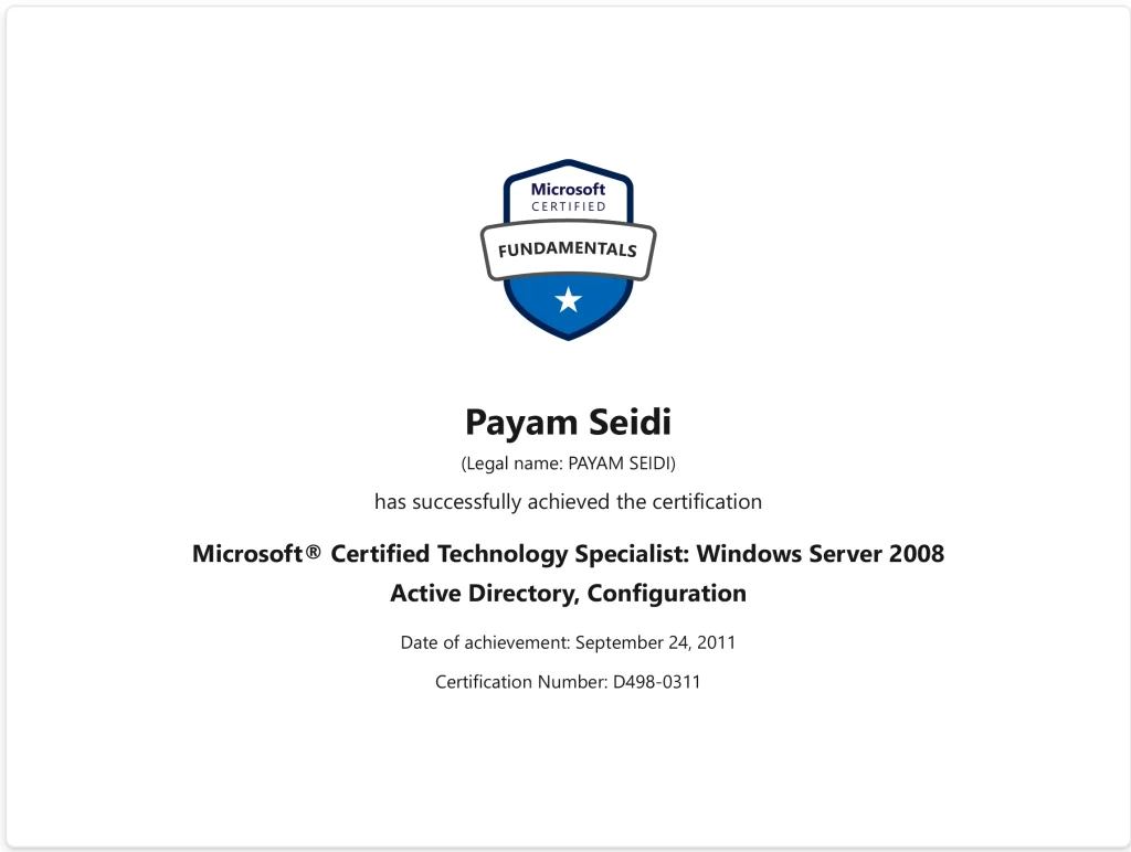 Certifications - payamseidi _ Microsoft Windows Server 2008 Active Directory, Configuratio