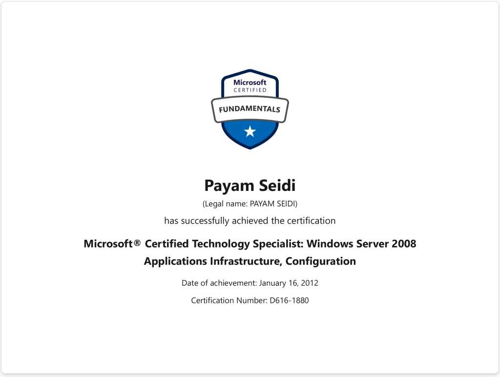 Certifications - payamseidi _ Microsoft Windows Server 2008 Applications Infrastructure