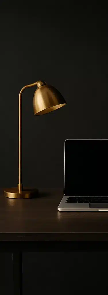 Minimalist modern workspace banner with dark background and golden accents, designed for consultation form integration.