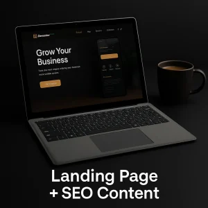 Microsoft Surface laptop on a dark desk with coffee cup, showcasing premium SEO-optimized landing page design — professional content creation service starting at $180/page.