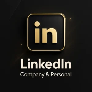 Professional digital graphic design featuring the LinkedIn logo with black and gold branding, symbolizing company page creation and executive profile optimization.