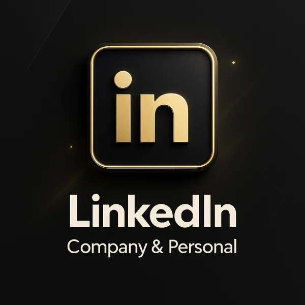 Professional digital graphic design featuring the LinkedIn logo with black and gold branding, symbolizing company page creation and executive profile optimization.