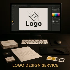 Logo Design Service workspace showing monitor with design software, business card mockups, and color swatches in a black-and-gold theme.