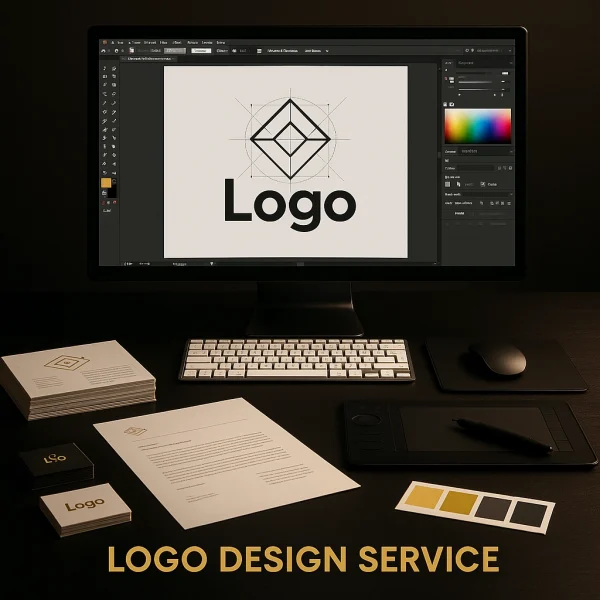 Logo Design Service workspace showing monitor with design software, business card mockups, and color swatches in a black-and-gold theme.