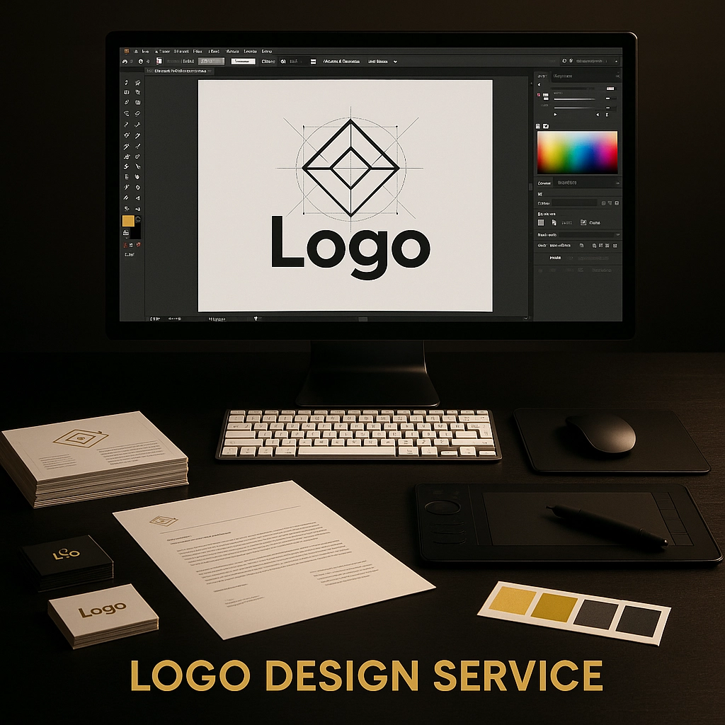 Logo Design Service workspace showing monitor with design software, business card mockups, and color swatches in a black-and-gold theme.