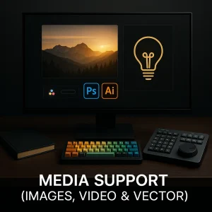Premium Media Support workstation for WordPress — custom visuals, AI-generated images, vector designs, and video editing tools on a large desk setup with Adobe & DaVinci Resolve icons.