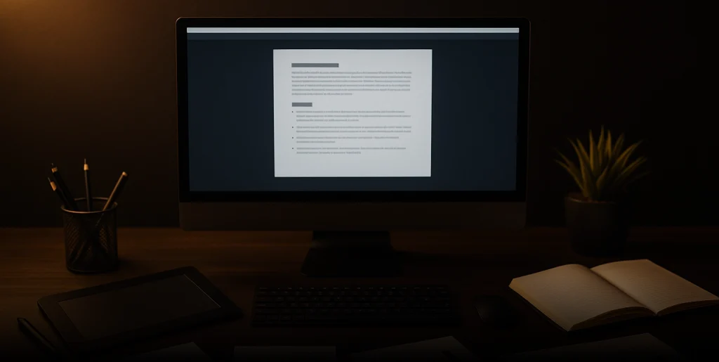 Wide digital banner showing a modern workspace with monitors displaying SEO analytics, AI-powered content dashboards, and creative tools in a clean black-and-gold theme.
