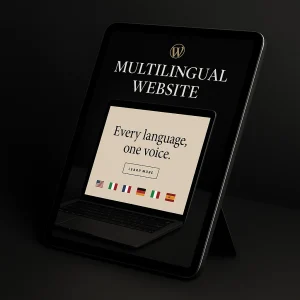 Tablet displaying a multilingual WordPress website with language switcher and clean UI