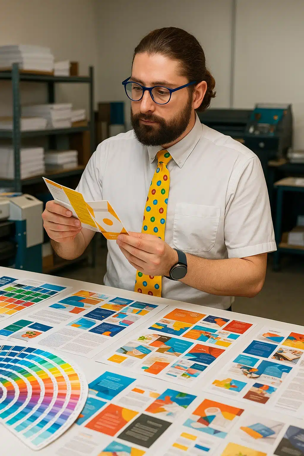 Payam Seidi reviewing printed packaging and branding samples