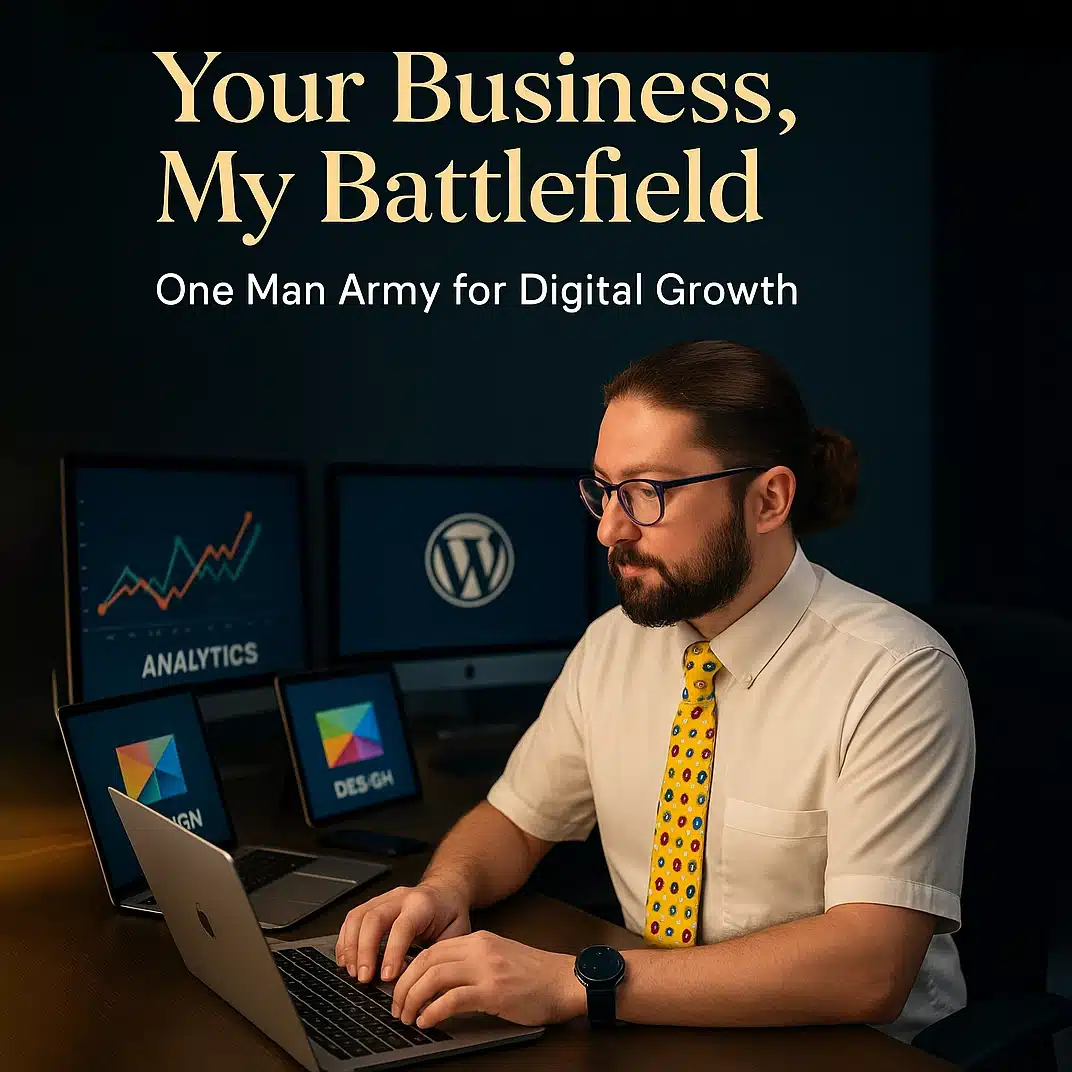Payam Seidi standing strong in a modern workspace with multiple devices, symbolizing a one-man army in digital services