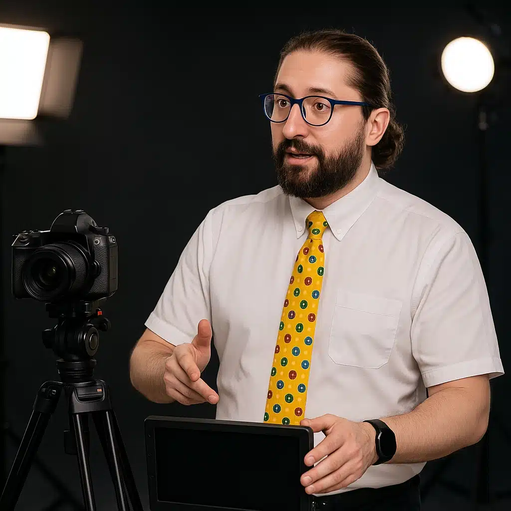 Payam Seidi in a professional video studio with camera setup