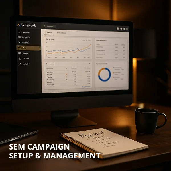 Professional SEM campaign setup and management workspace with Google Ads, Bing Ads, and analytics dashboards on multiple screens.