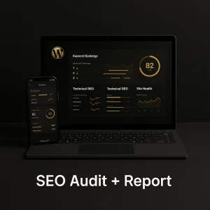 SEO Audit + Report service – Microsoft Surface laptop displaying a detailed WordPress SEO analysis dashboard with gold (#DCA54A) accents on a dark minimalist desk.