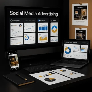 Social media advertising workspace with Instagram, Facebook, LinkedIn, and TikTok campaign dashboards on screen — modern digital marketing setup.