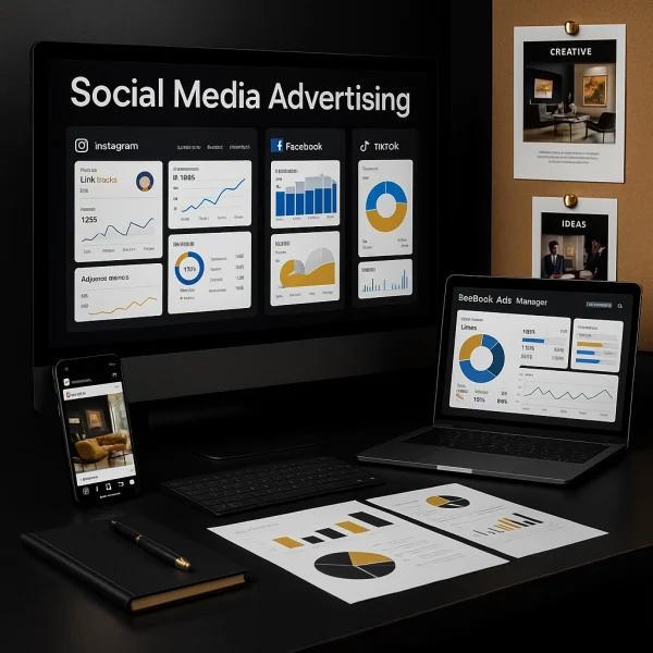 Social media advertising workspace with Instagram, Facebook, LinkedIn, and TikTok campaign dashboards on screen — modern digital marketing setup.