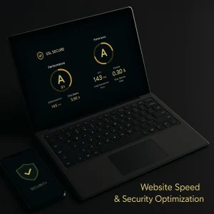 A dark-themed digital illustration featuring speed and security icons with the WordPress logo.