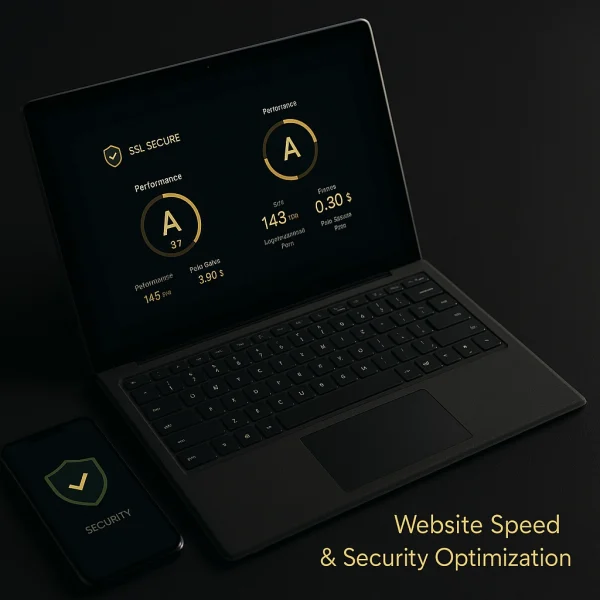 A dark-themed digital illustration featuring speed and security icons with the WordPress logo.