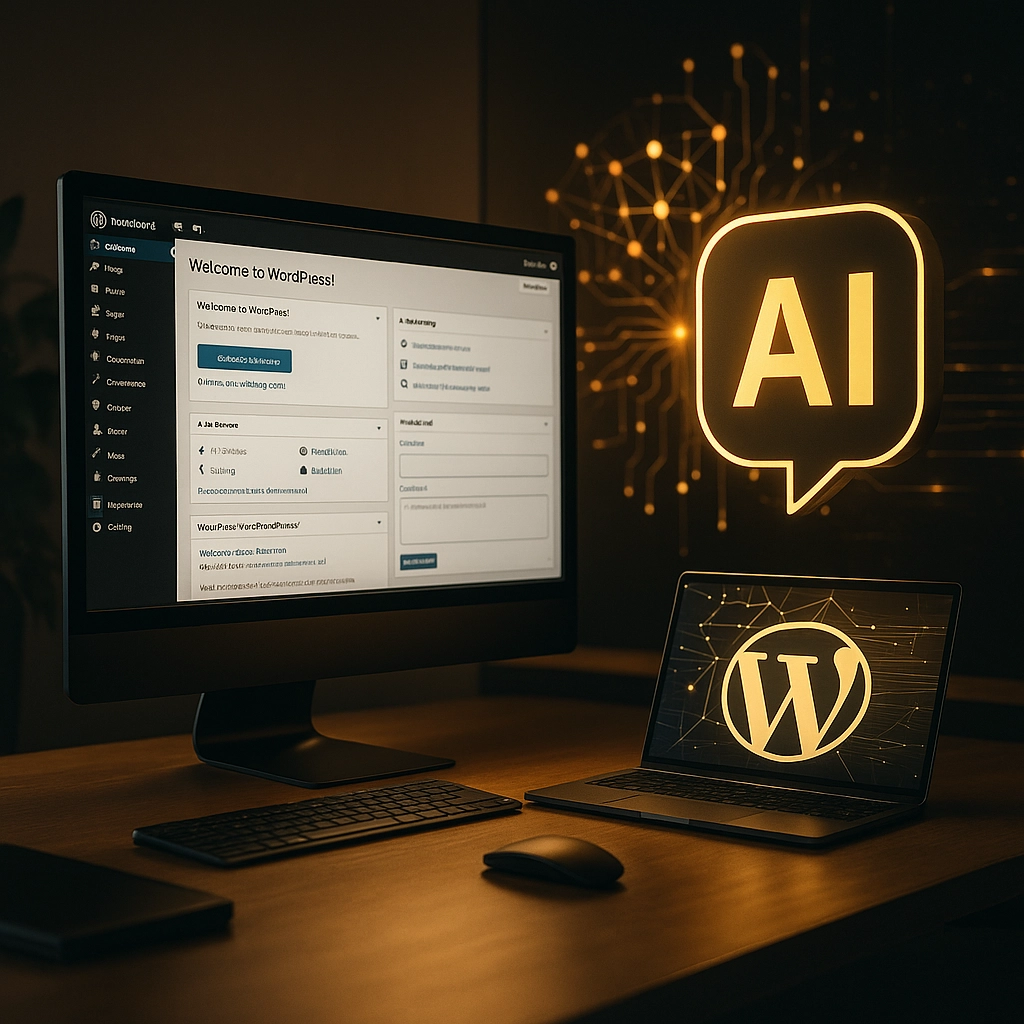 Square digital illustration of AI-powered WordPress future in black-and-gold theme.