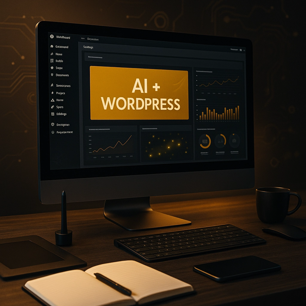 AI-powered WordPress web design workspace with futuristic UI, machine learning graphs, and creative tools.