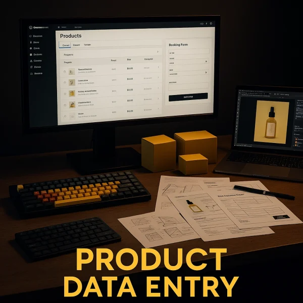 A digital photograph showcases a computer workstation with a widescreen monitor displaying a WooCommerce product dashboard and a booking form. On the desk are a colorful mechanical keyboard, wireless mouse, printed product sheets with design sketches, and a laptop running Adobe Illustrator editing a product image. Small yellow boxes add visual interest, matching the black and gold (#DCA54A) branding.
