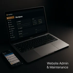 WordPress admin dashboard on Microsoft Surface laptop with Trello app on smartphone, dark minimalist desk, gold accent design