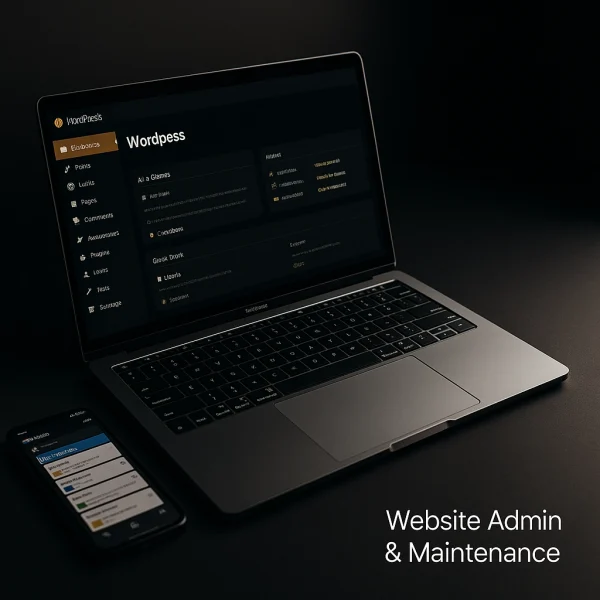 WordPress admin dashboard on Microsoft Surface laptop with Trello app on smartphone, dark minimalist desk, gold accent design
