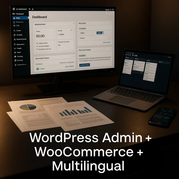 Professional workspace with monitor showing WordPress dashboard, laptop displaying Trello, and phone with analytics — tailored for WooCommerce and multilingual site management.