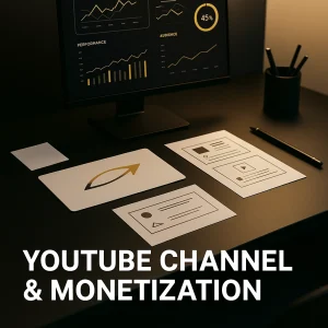YouTube channel monetization workspace setup with SEO-driven editing and growth strategy, aligned with brand color palette.