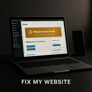 WordPress website repair: diagnostics and fix shown on a laptop with confirmation on smartphone, dark minimalist style with gold accents