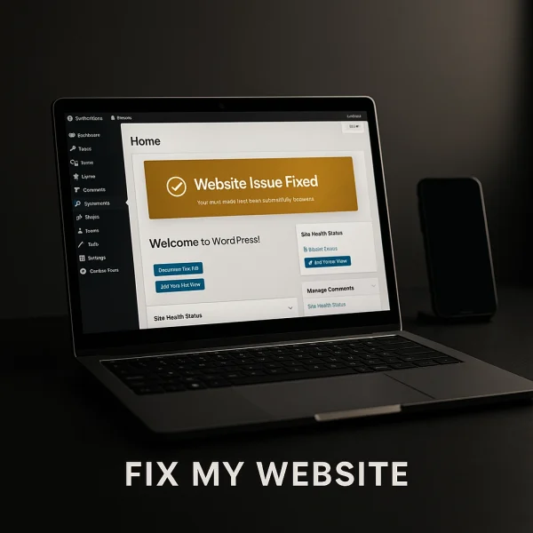WordPress website repair: diagnostics and fix shown on a laptop with confirmation on smartphone, dark minimalist style with gold accents