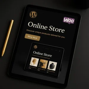 Tablet showing a responsive WooCommerce storefront custom-built by Payam Seidi in black and gold.