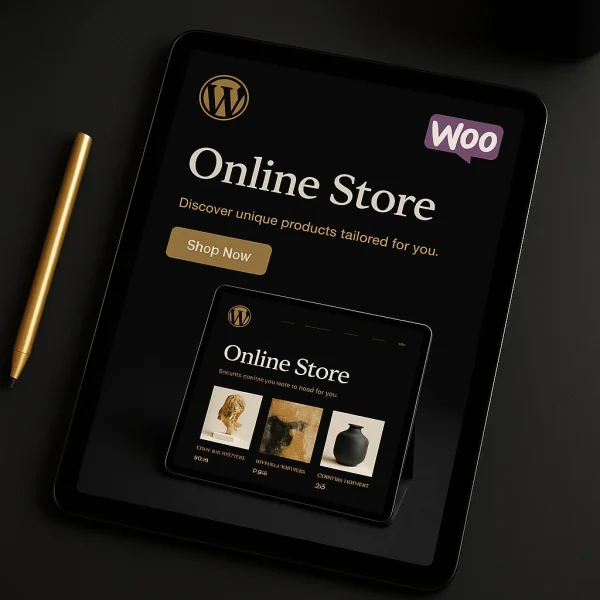 Tablet showing a responsive WooCommerce storefront custom-built by Payam Seidi in black and gold.