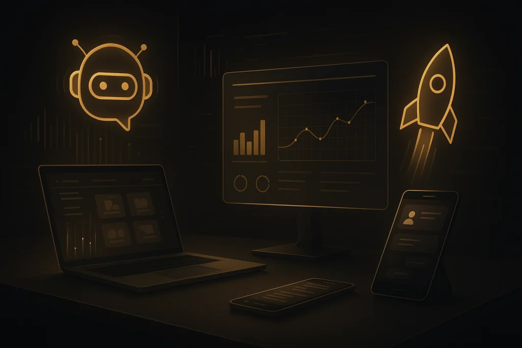 AI-powered digital marketing workspace with chatbot, predictive analytics, and rocket holograms in dark minimalist style with gold accents
