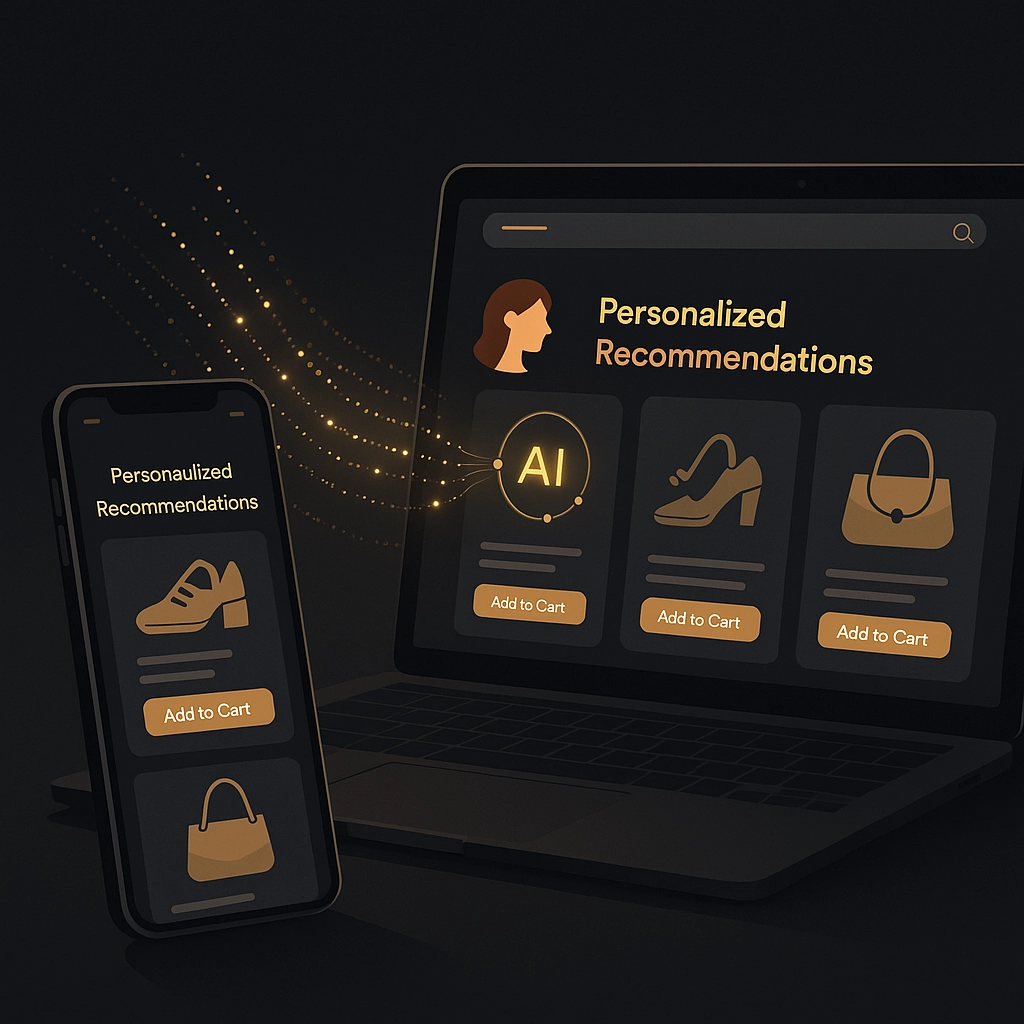 AI-powered personalized product recommendations on laptop and smartphone with glowing data streams, dark minimalist style with gold accents