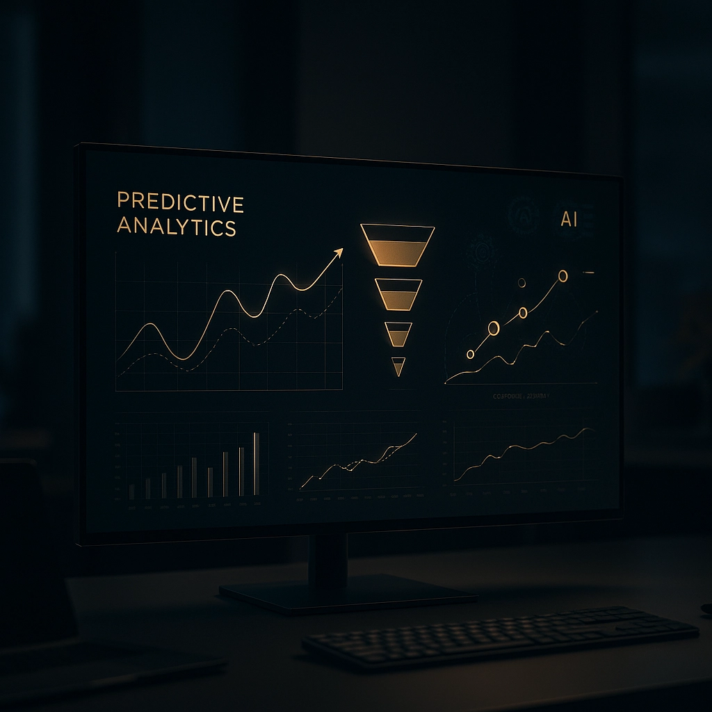 Futuristic predictive analytics dashboard with conversion funnels, charts, and customer journey insights in dark minimalist style with gold accents
