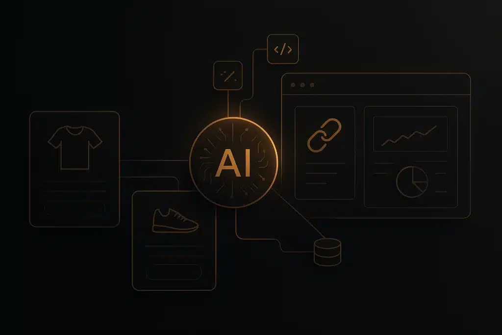 AI optimizing e-commerce product URLs with SEO automation on a dark luxury background with golden accents.