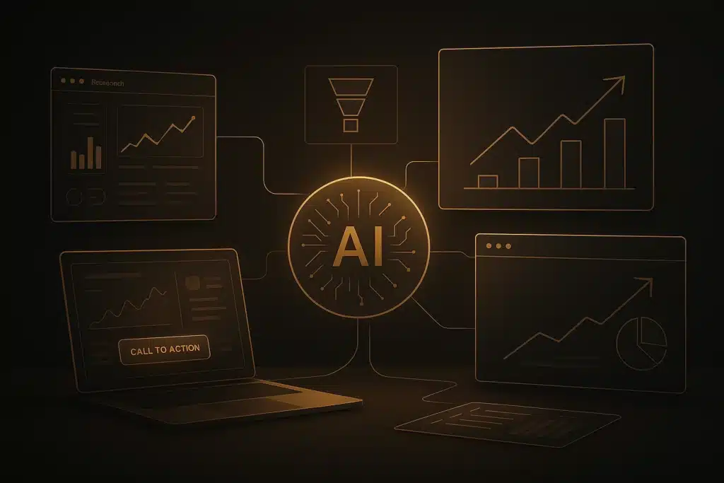 AI and analytics boosting WordPress conversion rates — glowing data lines, growth charts, and optimization funnels on a dark elegant background.