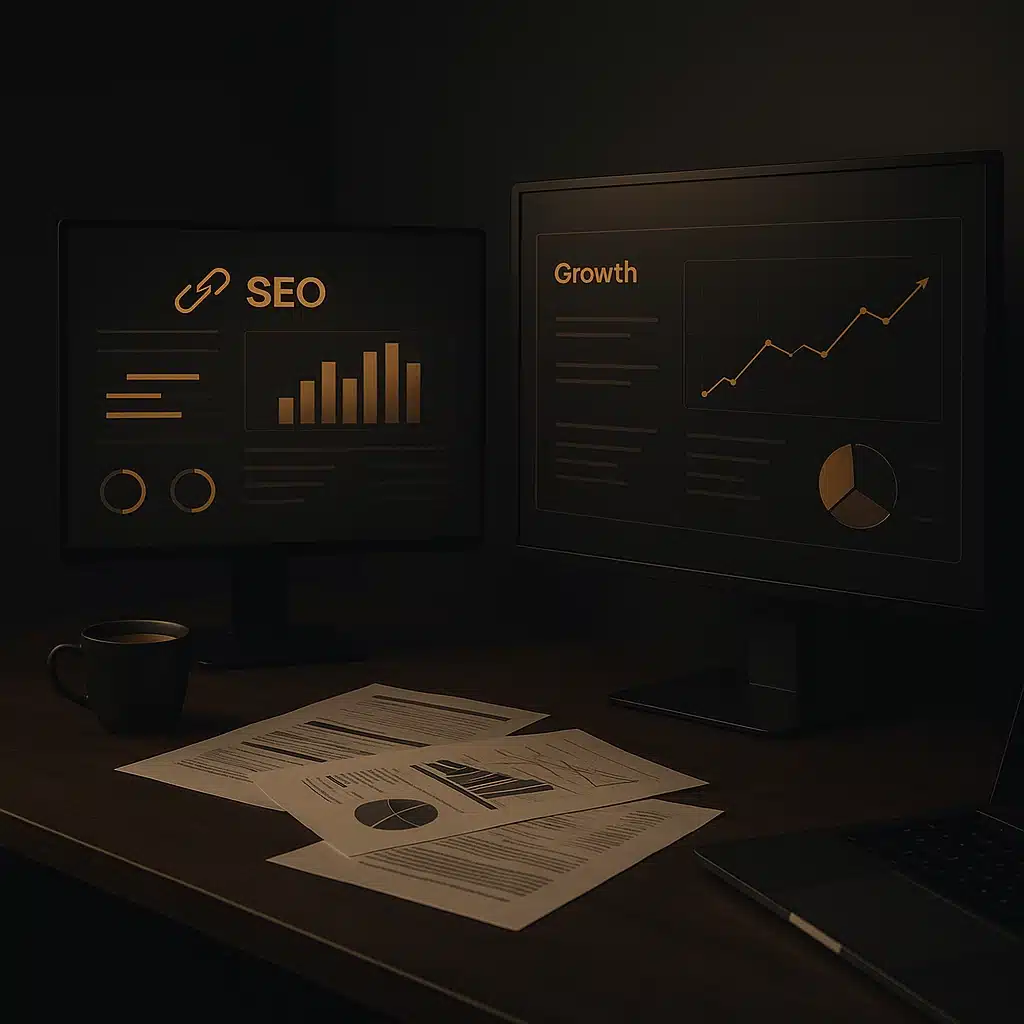 Dual monitors displaying SEO analytics and growth charts on a dark wooden desk with printed reports and a laptop — symbolizing professional conversion optimization workflow.