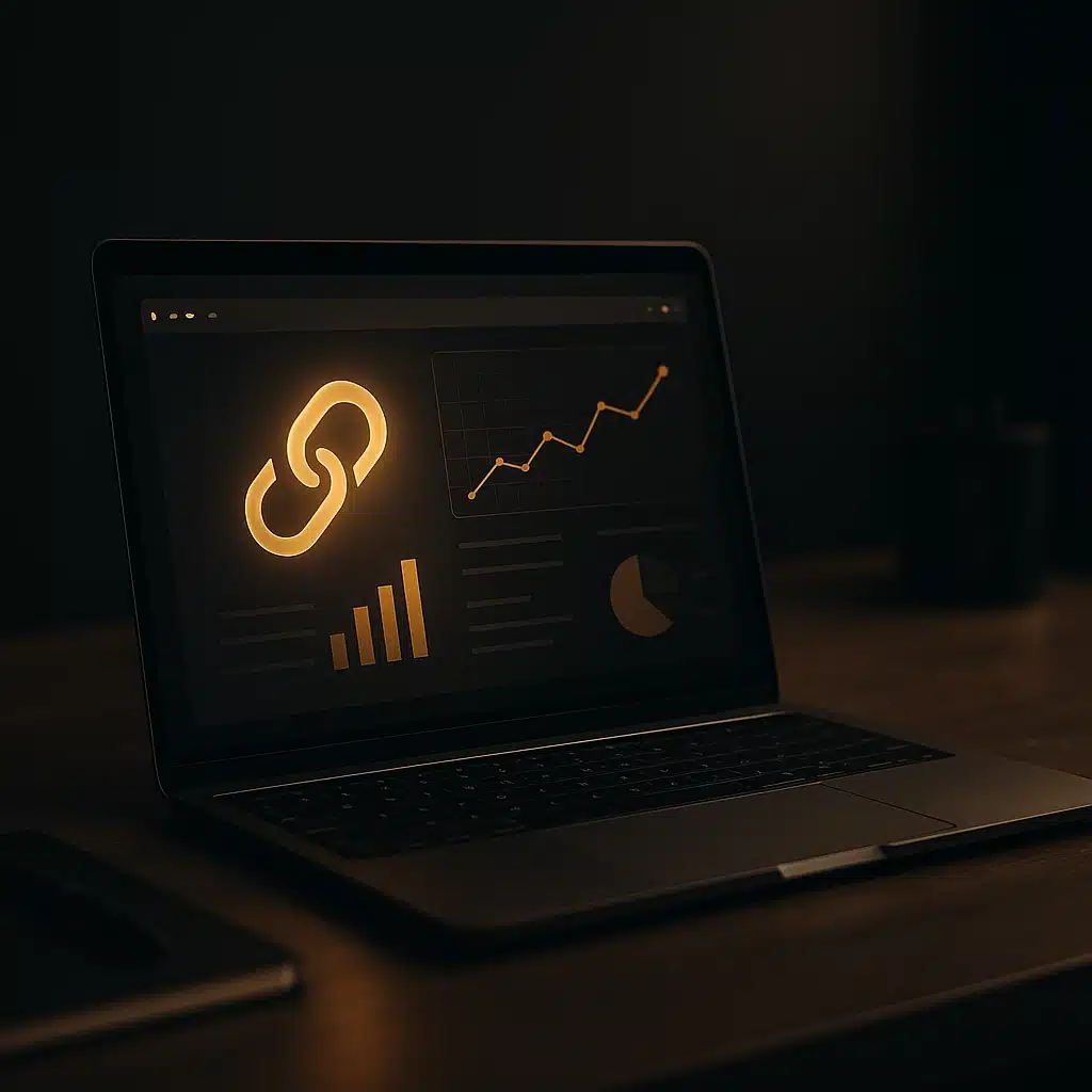 Laptop displaying SEO analytics and golden link icon on dark desk — representing AI optimization of product URLs in e-commerce.
