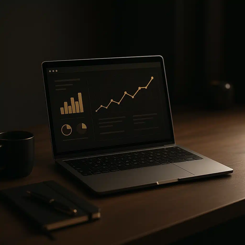 Laptop displaying golden analytics and growth charts on a modern dark desk — representing conversion rate optimization for WordPress websites.